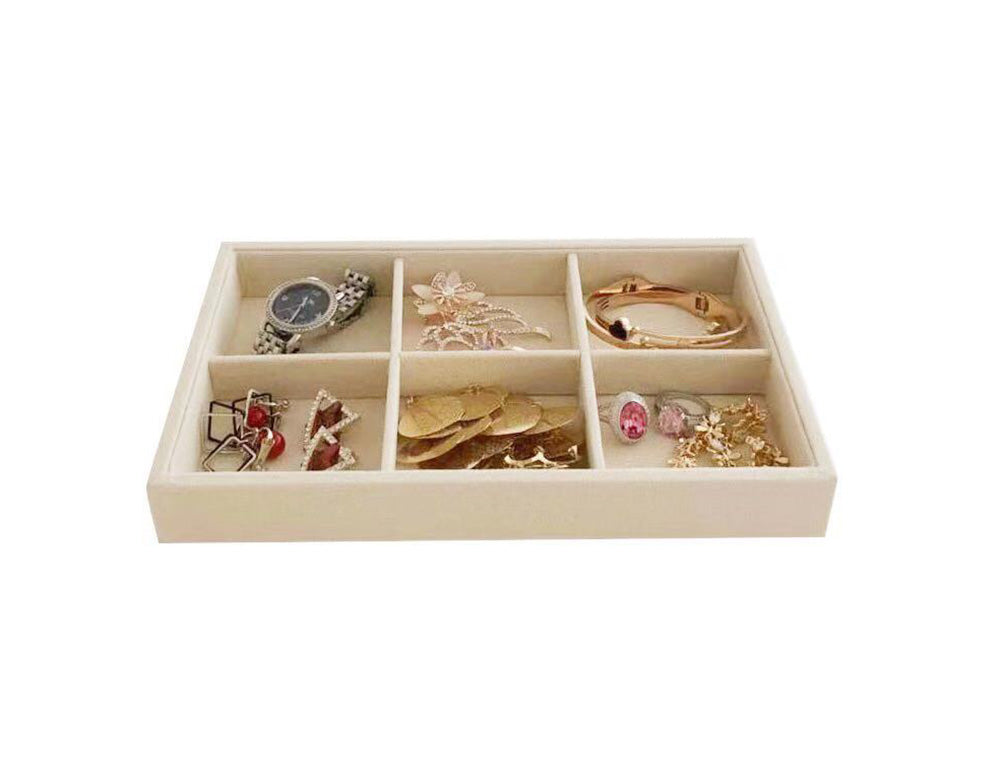 Small 6 Grid Beige Velvet Jewelry Collection Storage Tray