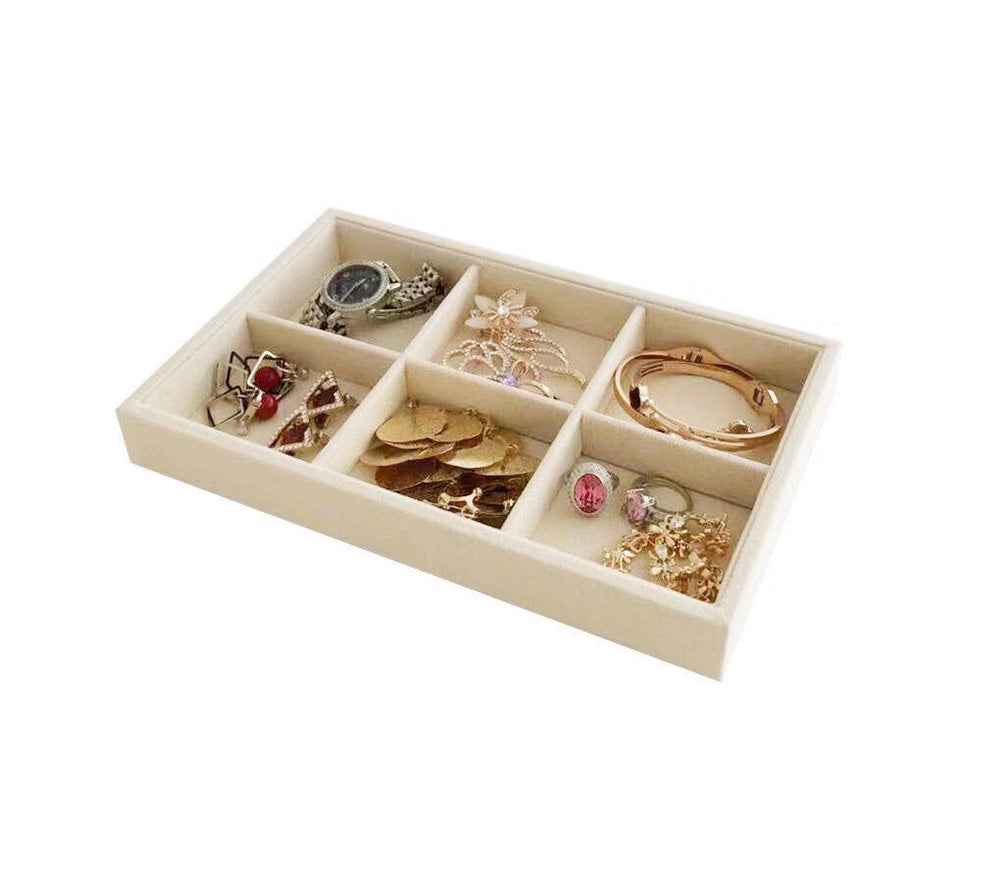 Small 6 Grid Beige Velvet Jewelry Collection Storage Tray