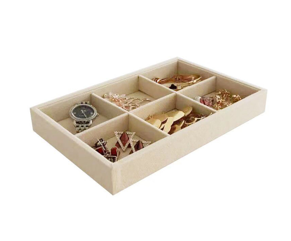 Small 6 Grid Beige Velvet Jewelry Collection Storage Tray